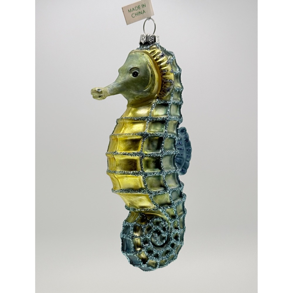 Glass Seahorse Christmas Ornament Blue Yellow Glitter Coastal Nautical Decor - Picture 5 of 6
